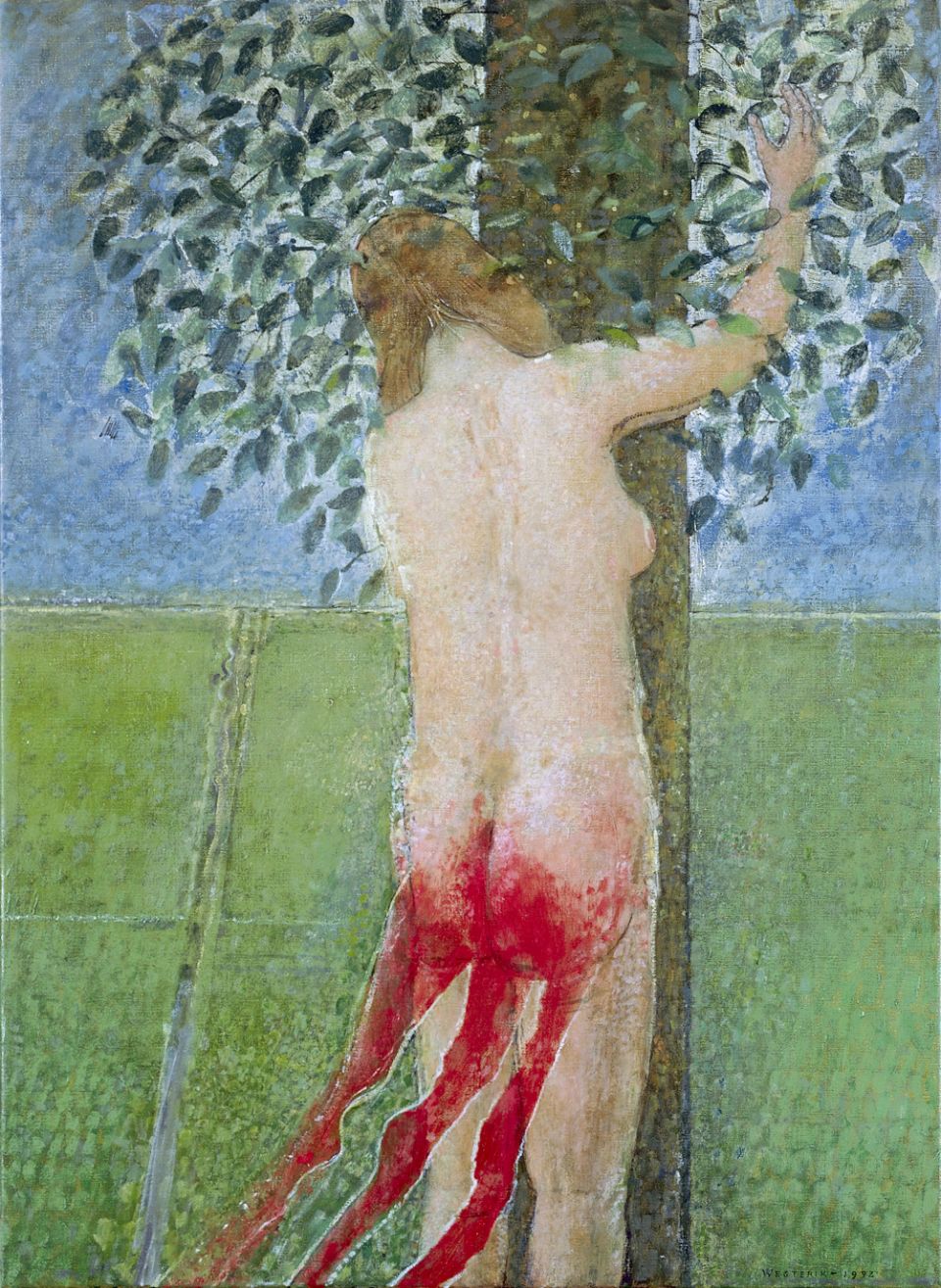 Spring, woman by a tree